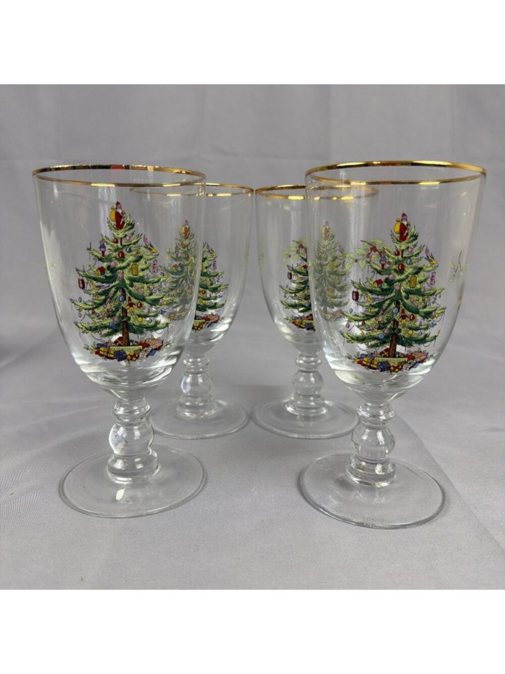 Set 4 Spode Christmas Tree Wine Pedestal Water Goblets Stemware Gold Rim 16 oz.